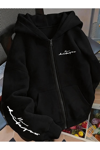 MITHRAS OUTDOORS Unisex Black Minimal Text Printed Zippered Sweatshirt Printe...