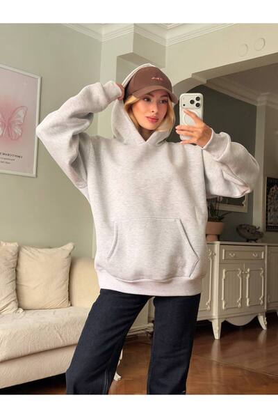 ELBEY Hooded Stone Embroidered Oversize Sweatshirt