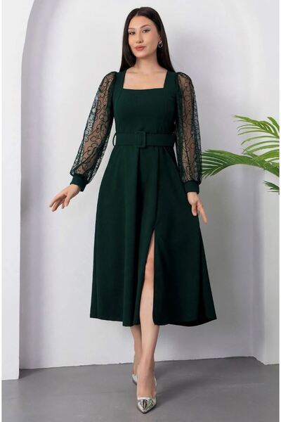 Moday Women's Green Crepe Fabric Belted Long Tulle Sleeve Square Neck Midi Length Dress 2F-2435
