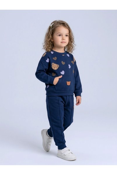 Beray Bebe Girl's 3 Thread Threaded Oversize Sweatshirt Top and Bottom Set - Teddy Bear Heart Pattern - 2-5 Years Old