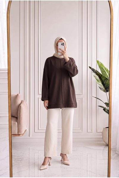MİHRA STORE Belkıs Skirt and Sleeve Cuff Tunic-Mf1935 Brown