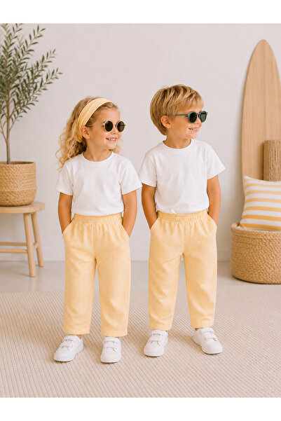 Unisex Çocuk Sarı Çizgili Pamuklu Lastikli Bel Rahat Balon Pantolon