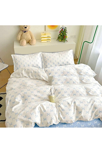 decorami Bed linen 1 PERSON, FINE, 4 pieces, White- Baby blue, bows