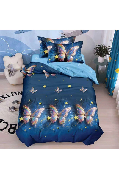 decorami Bed linen 1 PERSON, FINE, 4 pieces, Blue, Turquoise, butterflies