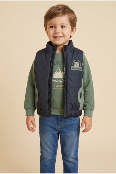 zumino Baby Boy Mountain Printed Sweatshirt, Puffer Vest and Jeans 3-Piece Set