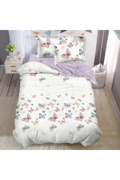 decorami Bed linen 140x200cm, FINET, 4 pieces, with Stretchy, Lilac, butterflies