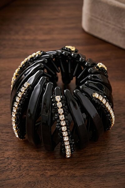 misotrend Black Color Stone Detailed Knob Buckle