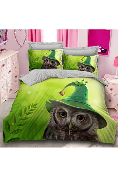 decorami Lenjerie pat dublu, FINET, 6 piese, IDENTICA CU POZA, Verde, bufnita