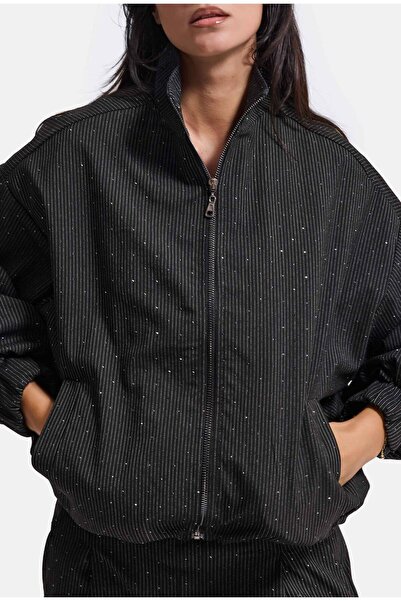 it's basic Kadın Antrasit w6-1 Oversize Parlak Taş Tasarım Bomber Ceket