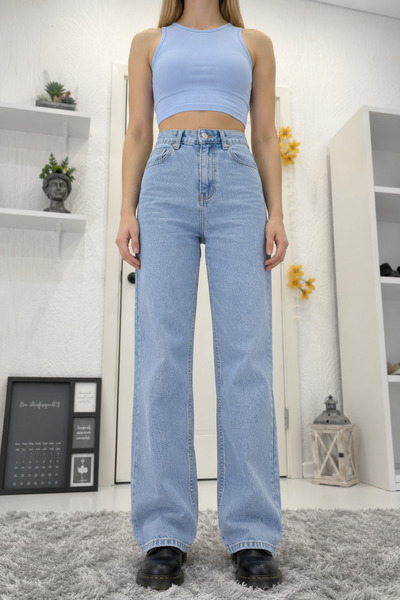 DRC trend Women's Blue Loose Fit Jean High Waist Snow Wash Jean Blue Palazzo ...