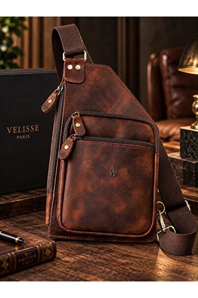 Lorke Kahve Unisex Hakiki Deri Göğüs Çantası