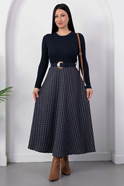 PULLIMM Crew Neck Belted Skirt Plaid Dress Grs4196