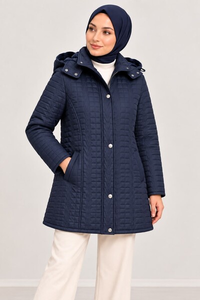 By Alba Collection Women's Dark Blue Velboa Quilted Large Size Coat