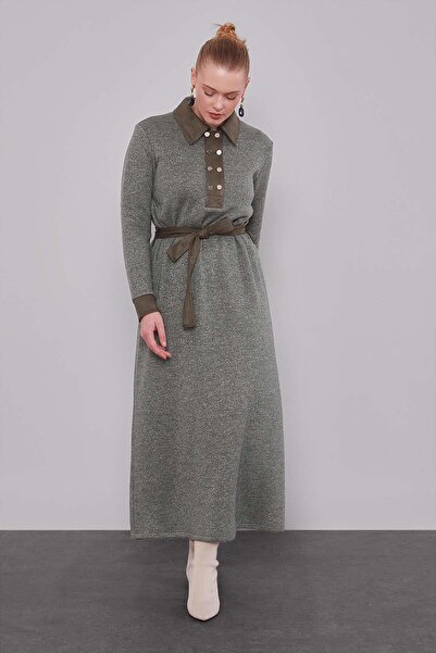 Levidor Suede Garnished Cashmere Dress Khaki