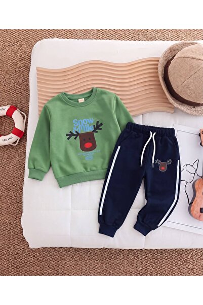 Mişsa Bebe Erkek Çocuk Geyik Baskılı 2 İplik Eşofman Takımı Alt Üst Sweatshirt Pantolon