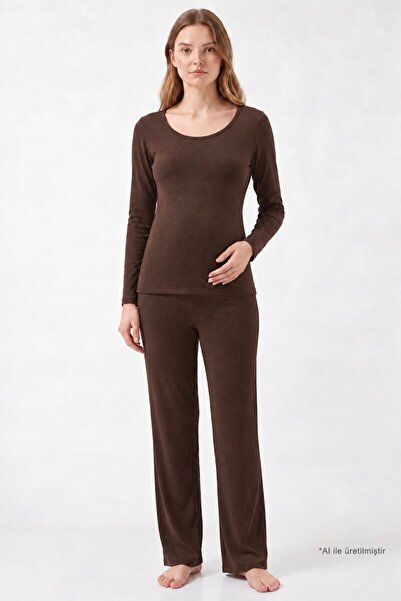 Cottonhill Premium - Serene Collection | Kahverengi Yüksek Bel Bol Paça Rib D...