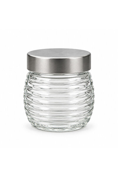 House Mart Ribbed Glass Jar with Silver Lid - 230ml