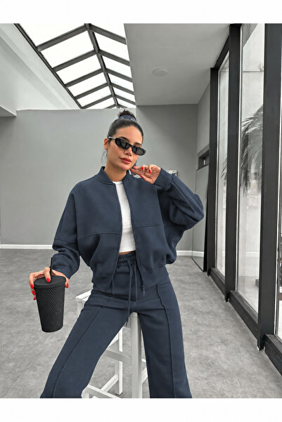 BARLİZ Kadın 3 İplik Fermuarlı Trend Model Bomber Hırka Takım