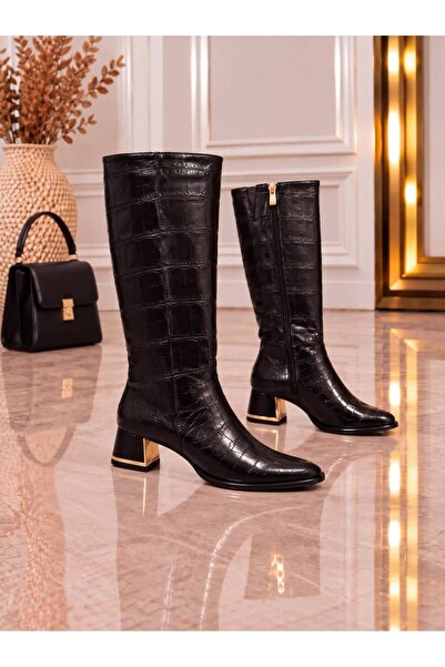 NOBLE TREAD SHOES Cizme de damă sub genunchi, cu detalii crocodil, cu fermoar...