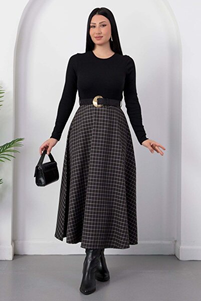 PULLIMM Crew Neck Belted Skirt Plaid Dress Grs4196