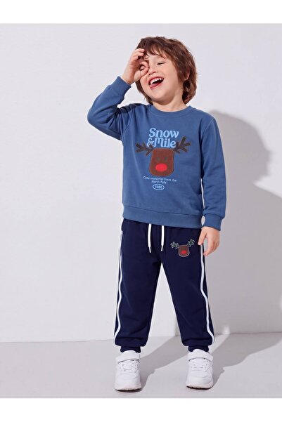 Mişsa Bebe Erkek Çocuk Geyik Baskılı 2 İplik Eşofman Takımı Alt Üst Sweatshirt Pantolon