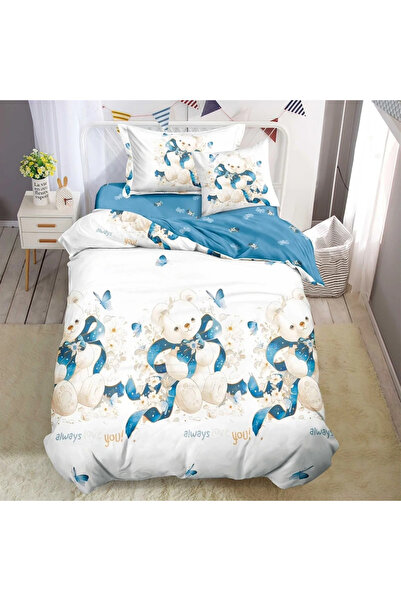 decorami Lenjerie pat 1 PERSOANA, FINET, 4 piese, Alb, Bleu, ursuleti