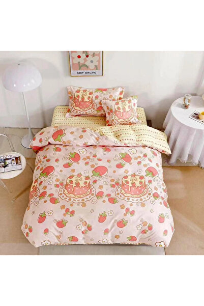 decorami Lenjerie pat 140x200cm, FINET, 4 piese, cu ELASTIC, Roz, flori, capsuni