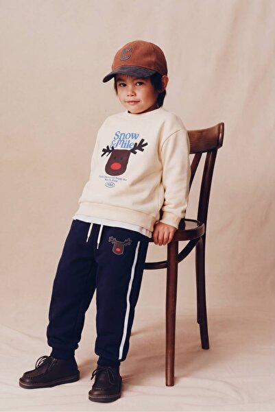 Mişsa Bebe Erkek Çocuk Geyik Baskılı 2 İplik Eşofman Takımı Alt Üst Sweatshirt Pantolon
