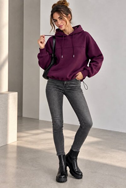 bb butik basic 3 İplik Şardonlu Kapüşonlu Stoperli Kadın Sweatshirt MY3535