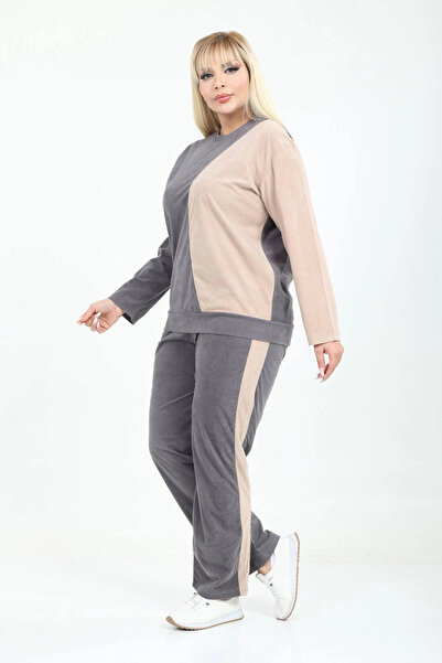 ModaSehle Plus Size Corduroy Fabric Pocket Crew Neck High Waist Long Sleeve Set