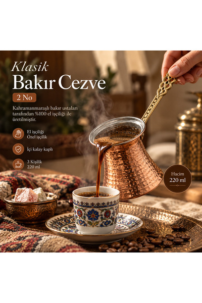 PALU GASTRO 2 No. 220 ml Handmade Copper Coffee Pot with Tin Inside for 3 Peo...