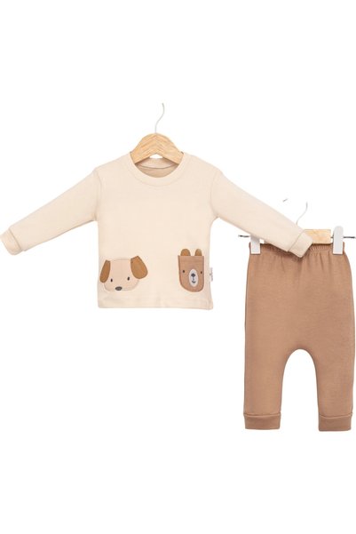 MINIMAI KIDS Baby Boy Seasonal 2-Piece Set Kopek Pocket Embroidered Patterned Long Sleeve Cotton Comfortable Daily Set - Brown