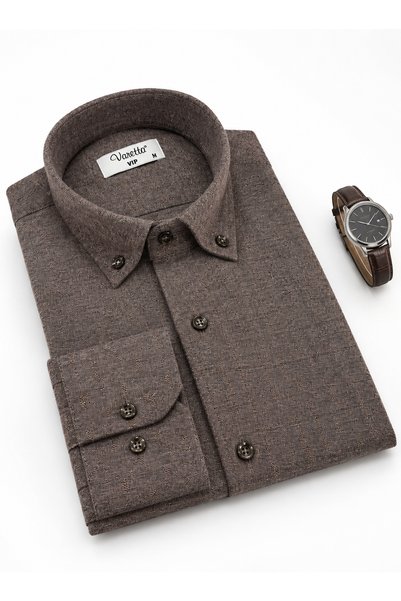 Varetta Men's Taupe Brown Winter Shirt Wide Cut Single Pocket Lapel Buttoned Self Mini Patterned