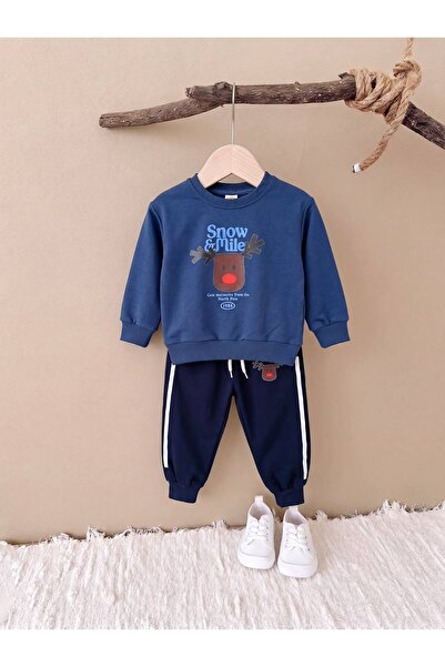 Mişsa Bebe Erkek Çocuk Geyik Baskılı 2 İplik Eşofman Takımı Alt Üst Sweatshirt Pantolon