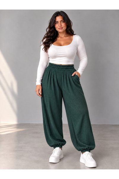 tuzu moda Büyük Beden Kadın Beli Lastikli Kuşaklı Şalvar Pantolon