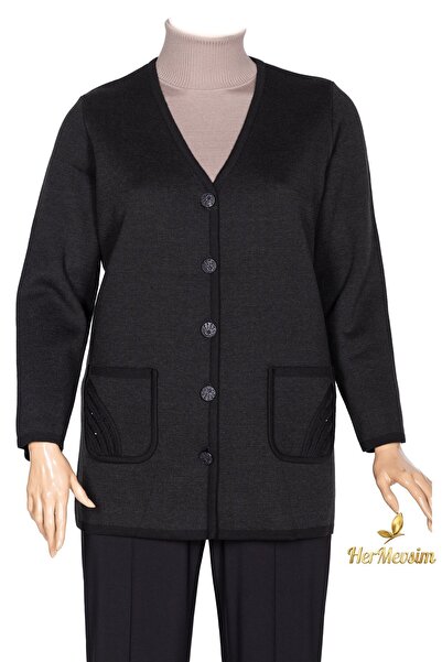 Hermevsim Hesna Women's Steel Knitted Large Size Pocketed Buttoned Anthracite...