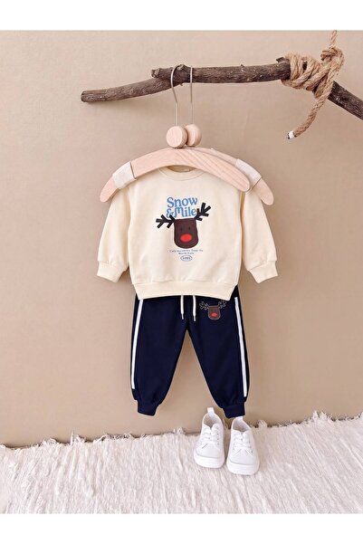 Mişsa Bebe Erkek Çocuk Geyik Baskılı 2 İplik Eşofman Takımı Alt Üst Sweatshirt Pantolon