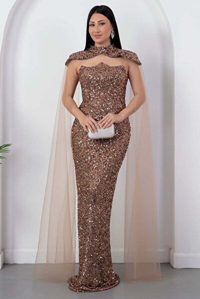 PULLIMM Strapless Neckline Sequined Evening Dress with Bolero Ecr5683