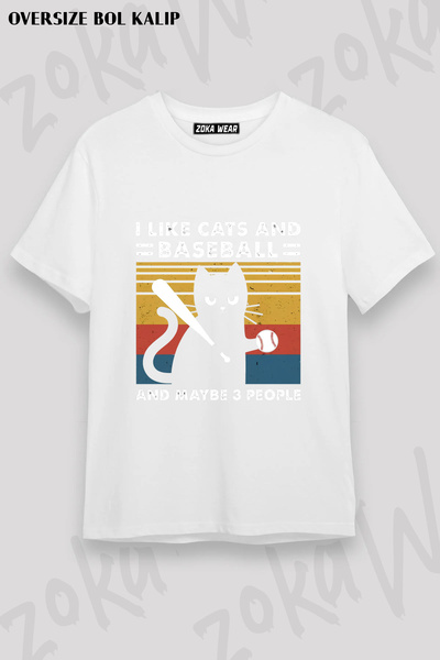 ZOKAWEAR تي شيرت مطبوع عليه I Like Cats And Baseball Mizahi Retro