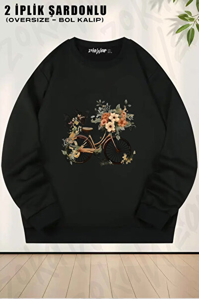 ZOKAWEAR Bicycle Flower Printed Crew Neck Sweatshirt