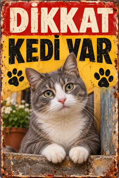 Lucena Caution There Is a Cat Gray White Cat Retro Metal Wall Sign 20X30 cm