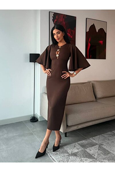 FLOWERİNG Rochie midi maro pentru femei, cu guler, nasturi, accesoriu tip pel...