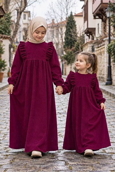 Betül Akbay Kız Çocuk Tesettür Elbise – Kadife Hüma Model Tam Boy – Bordo