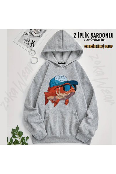 ZOKAWEAR سويت شيرت بقلنسوة مطبوع عليه صورة سمكة مضحكة مع قبعة للصيد وصيد الأسماك