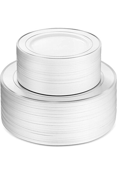 GENERAL 60Pcs Plastic Party Plates White Silver Rim, 30 Premium Heavy Duty 10...