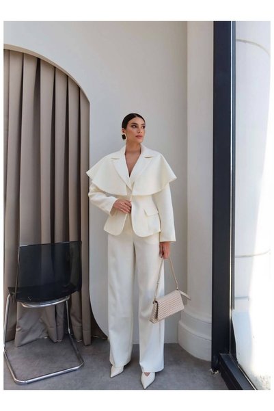 FMN Moda Collared Ruffle Cape Detail Single Button Design Brand Equivalent Premium Series Blazer Jacket Palazzo Pants Three Piece Suit