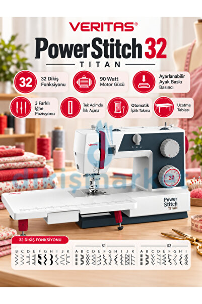 dm dikişmarket Veritas Power Stitch 32 TITAN Ev Tipi Dikiş Makinesi 32 Dikiş Programlı