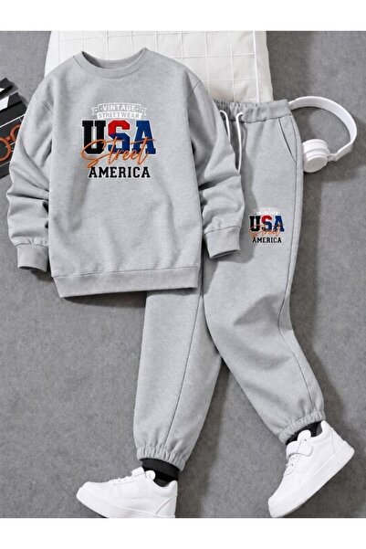 cm buseyiz Busekids Unisex USA Baskılı Sıfır Yaka Eşofman Takımı