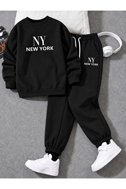 cm buseyiz Busekids Unisex New York Baskılı Sıfır Yaka Eşofman Takımı