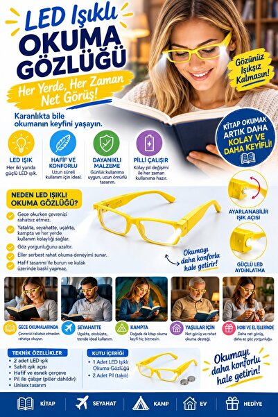 Neler Geldi Neler LED Işıklı Camsız Kitap Okuma Gözlüğü – Pratik Kitap Lambas...